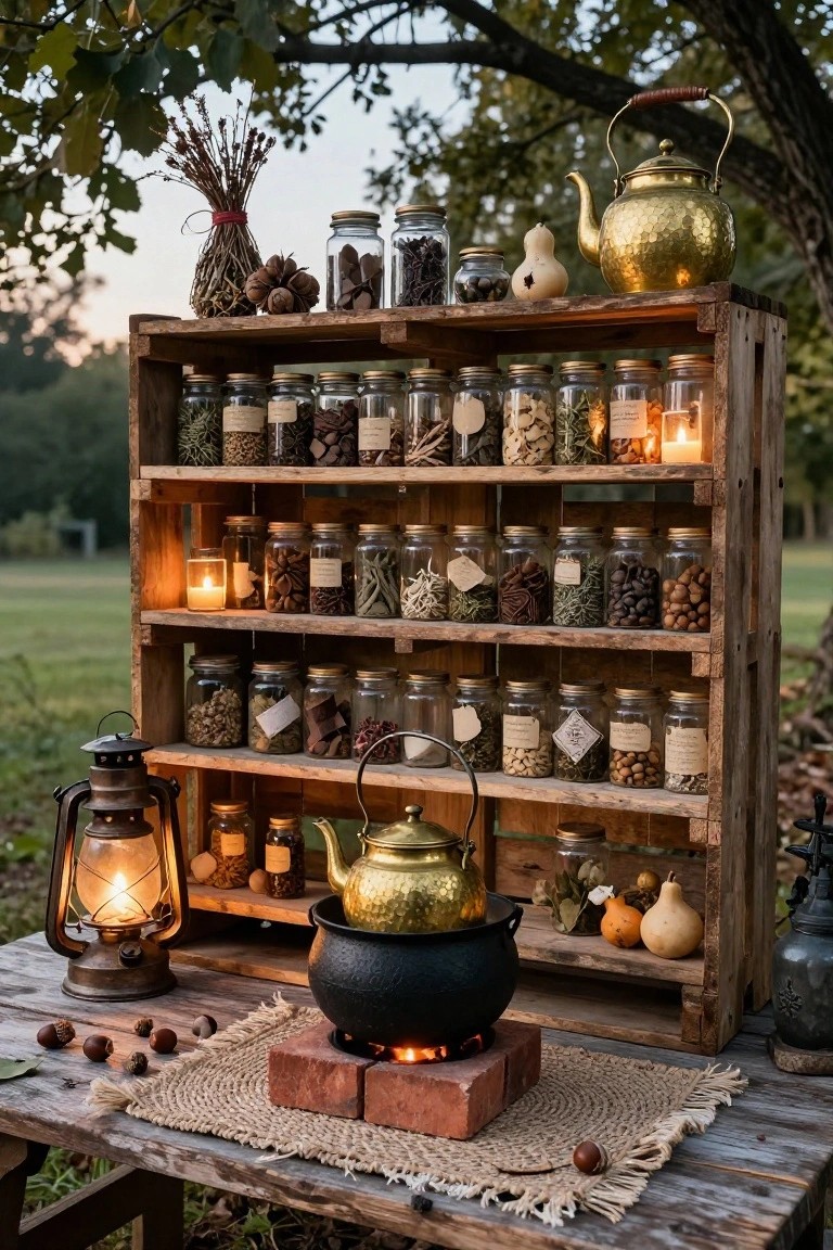 Wooden pallet shelving unit outdoors stocked with glass jars of herbs, spices, nuts, and beans on multiple shelves, black cauldron over fire on a table below, brass kettles, lanterns, and gourds nearby in a garden setting.