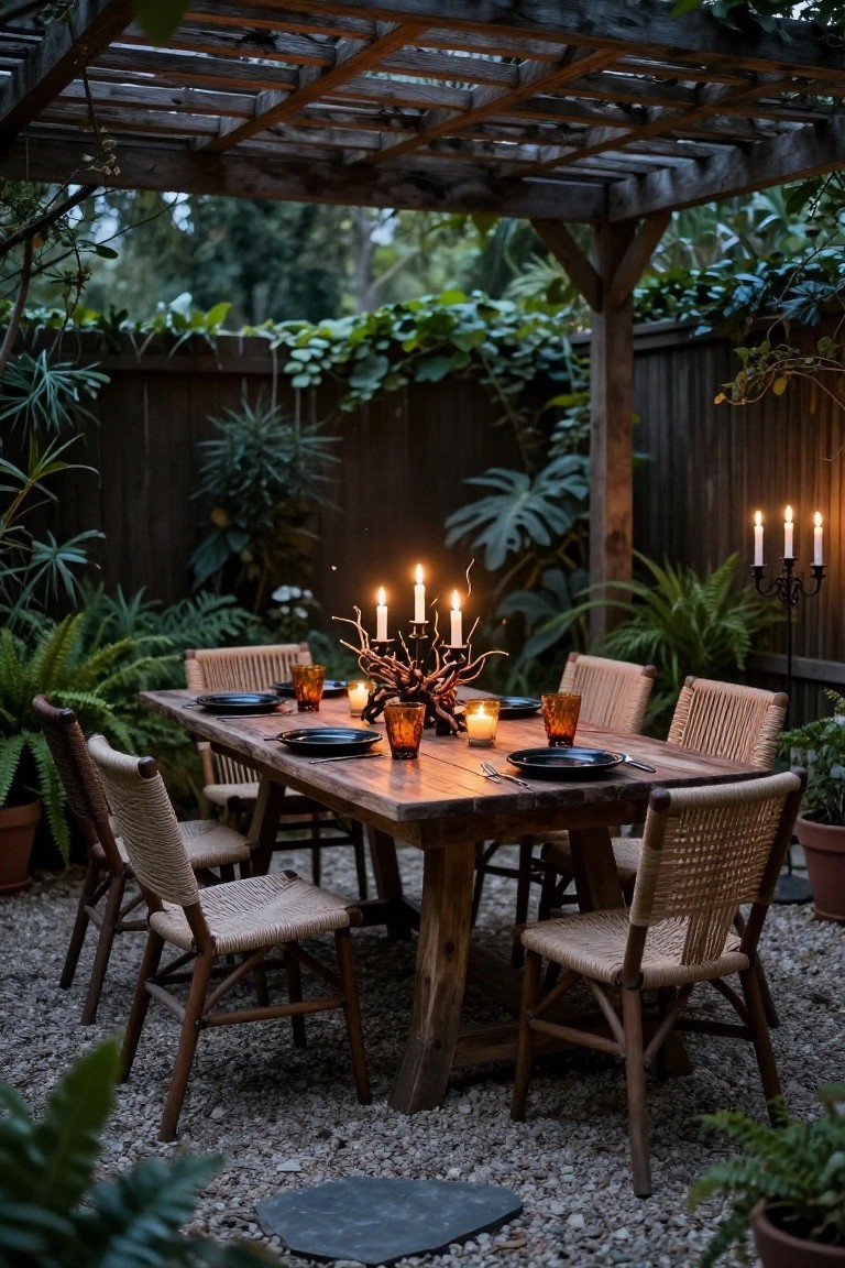 Wooden dining table on gravel patio under wooden pergola, set with black plates, amber glasses, twisted branch candelabra with candles at center, rattan chairs, potted ferns and palms around, dark wood fence backdrop.