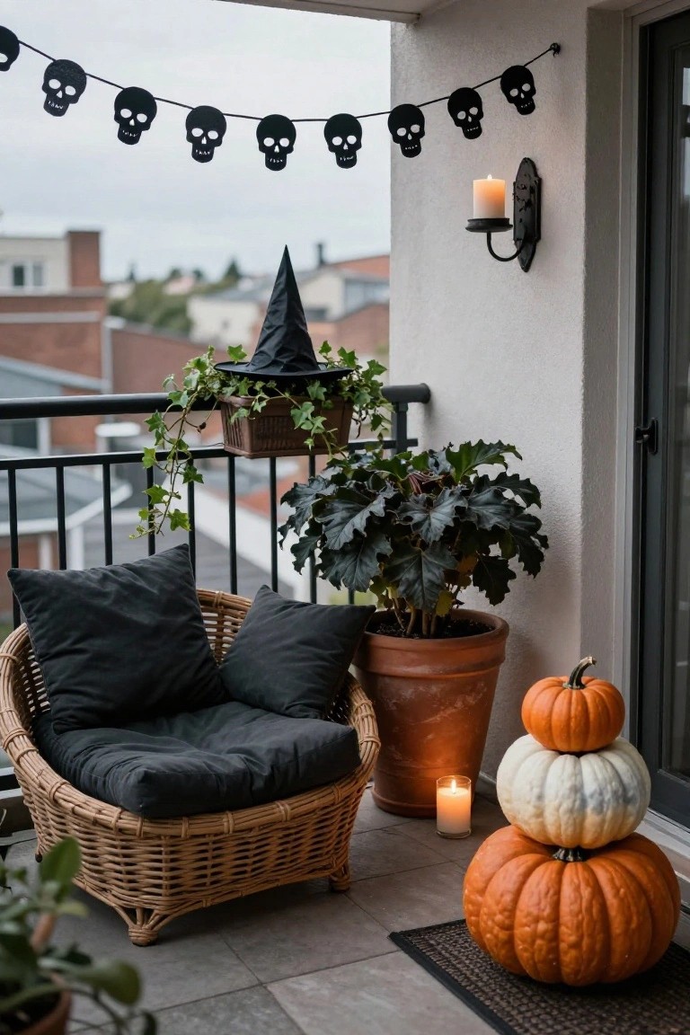 Balcony decorated for Halloween featuring black skull garlands, a witch hat on potted ivy, stacked orange and white pumpkins, pillar candles, a wicker armchair with black pillows, a large potted dark-leafed plant, and a black doormat.