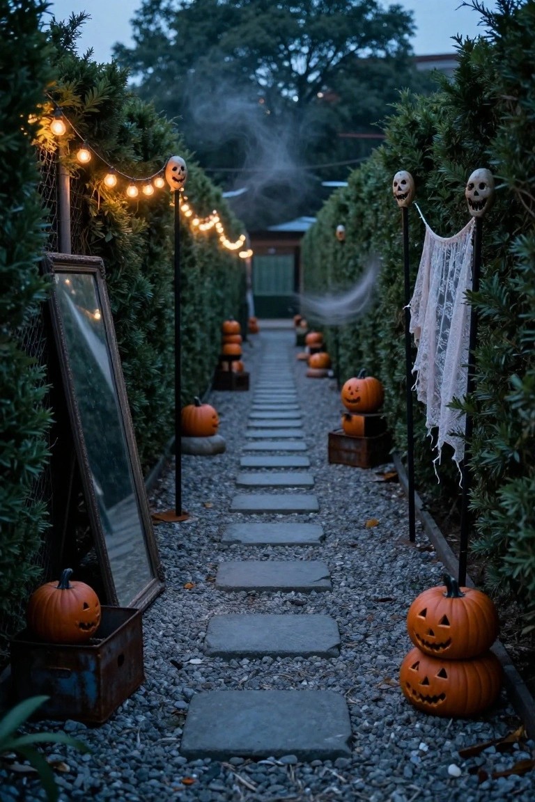 Narrow stone paver pathway at dusk flanked by tall green hedges, decorated with orange jack-o-lantern pumpkins on crates and ground, skull decorations on black poles strung with warm bulb lights, tattered fabric and cobwebs, a large propped mirror, and wisps of ground fog.