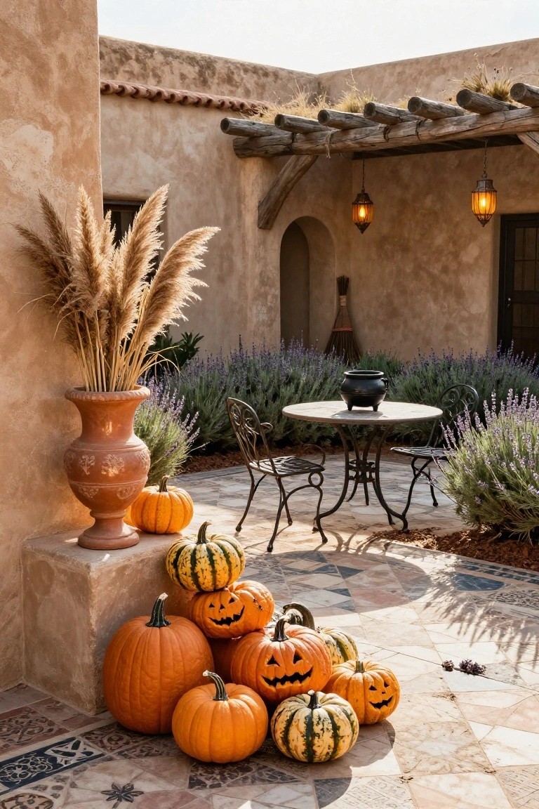Adobe-style courtyard patio with Halloween decorations including a black cauldron on a round stone table with two metal chairs, clustered orange and striped pumpkins on tiled ground, pampas grass in terracotta vase, lavender plants, hanging lanterns, and wooden pergola.