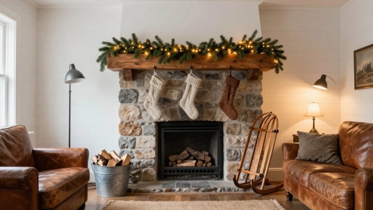 Living room with stone fireplace, wooden beam mantel covered in evergreen garland and string lights, three knit stockings hanging from the mantel, leather armchairs, wooden rocking chair, galvanized bucket of firewood on jute rug, and windows showing snowy view.