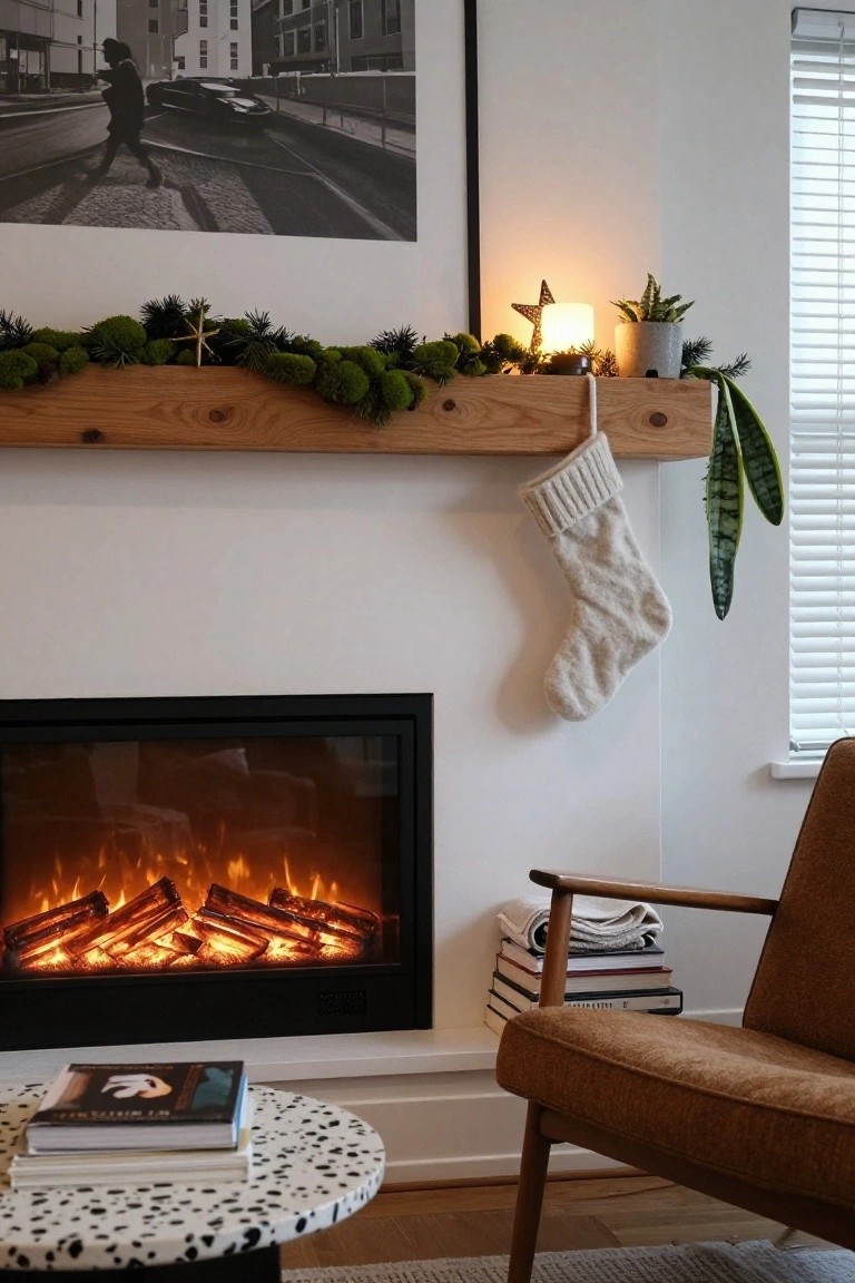 Wooden beam mantel over an electric fireplace, decorated with moss balls, pine branches, gold star ornaments, and a hanging cream knit stocking, with potted plants and a brown armchair nearby.