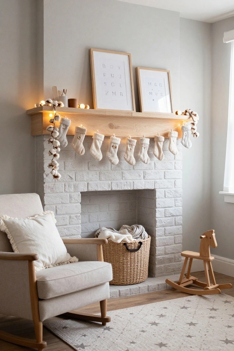 White brick fireplace with oak wood beam mantel shelf hung with white knit stockings, cotton bolls, and fairy lights in a nursery room with cream armchair, wicker basket, wooden rocking horse, and star rug.
