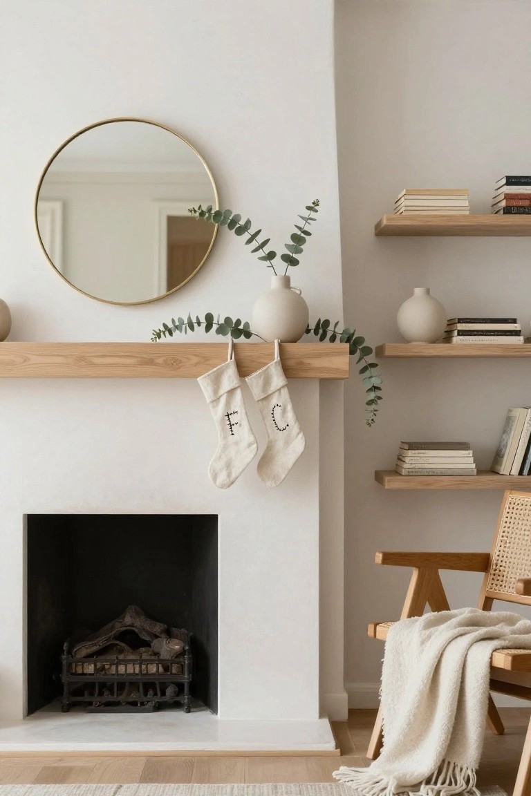 Light oak wooden mantel shelf over a black fireplace lined with logs, with two white monogrammed Christmas stockings hanging from hooks, eucalyptus garland draped along the shelf, white ceramic vases, floating oak shelves holding books, a gold round mirror mounted above, and a rattan chair with white throw blanket in a white-walled room with light wood floors.