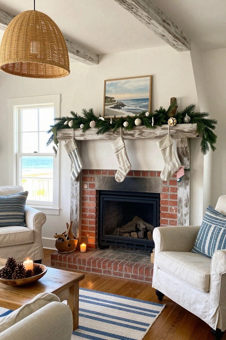 Living room with brick fireplace and distressed wooden beam mantel decorated for Christmas with evergreen garland, white ornaments, bells, and hanging white and striped stockings, white slipcovered armchairs nearby, ocean view through window.
