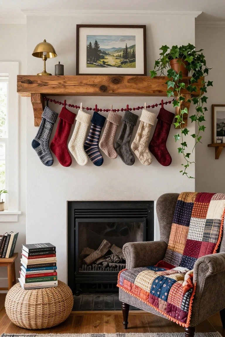 A rustic wooden beam mantel above a black fireplace displays a brass lamp, candle holder, and framed painting, with colorful knitted Christmas stockings hanging from hooks below on red garland string, ivy plants nearby, and a quilted armchair with books in the room.