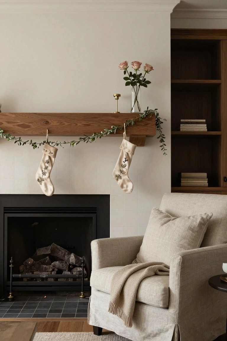 Living room fireplace with wooden beam mantel draped in green ivy garland and hung with two beige embroidered Christmas stockings, pink roses in a vase nearby, wood bookshelves to the side, and cream armchair with throw in front.