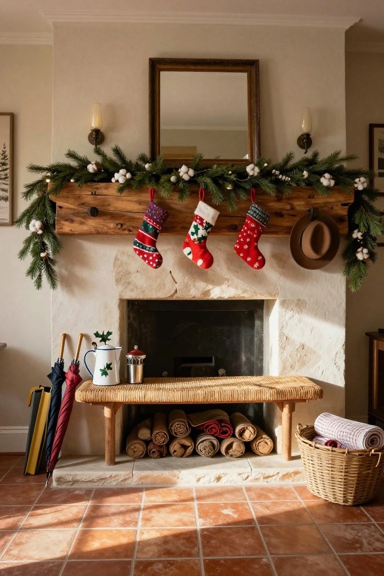 Rustic wooden beam mantel over a stone fireplace with hanging Christmas stockings, evergreen garland with white cotton bolls, wall sconces, a bench with firewood, and umbrellas nearby on a terracotta tile floor.