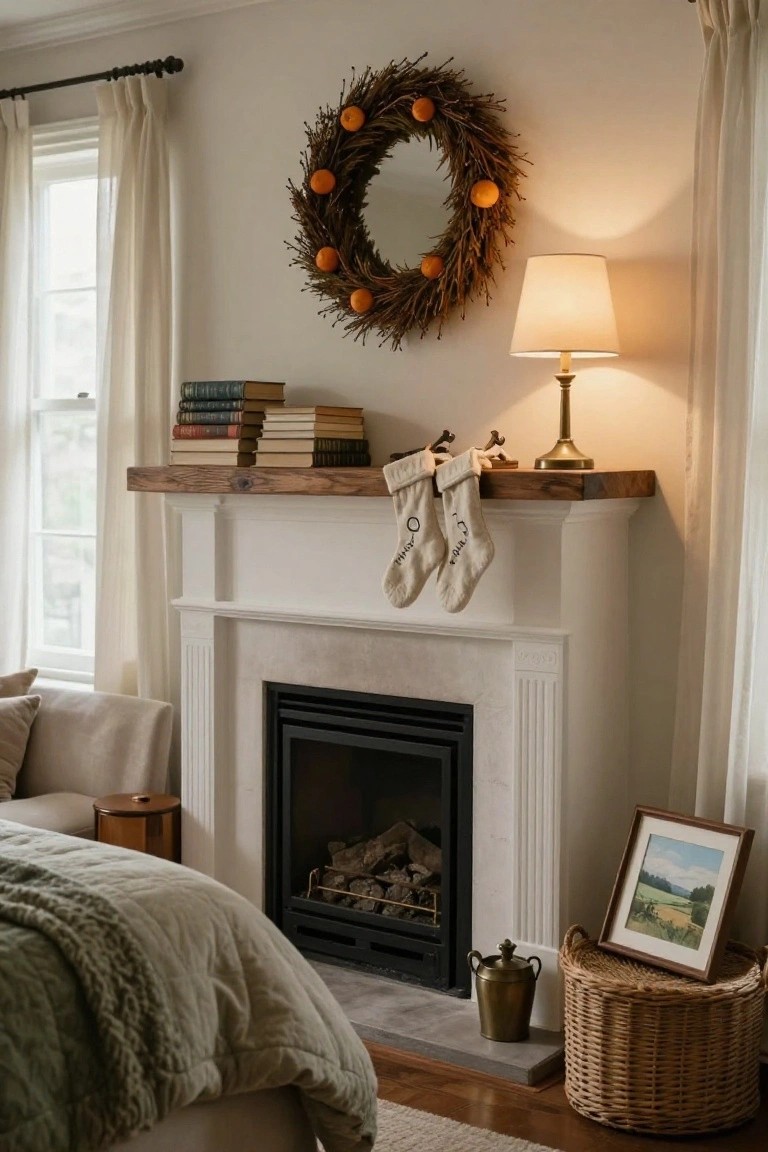 Cozy bedroom interior featuring a white stone fireplace with a rustic wooden beam mantel shelf holding stacked books and two white Christmas stockings, an orange wreath on the wall above, and nearby furnishings including a bed and lamp.
