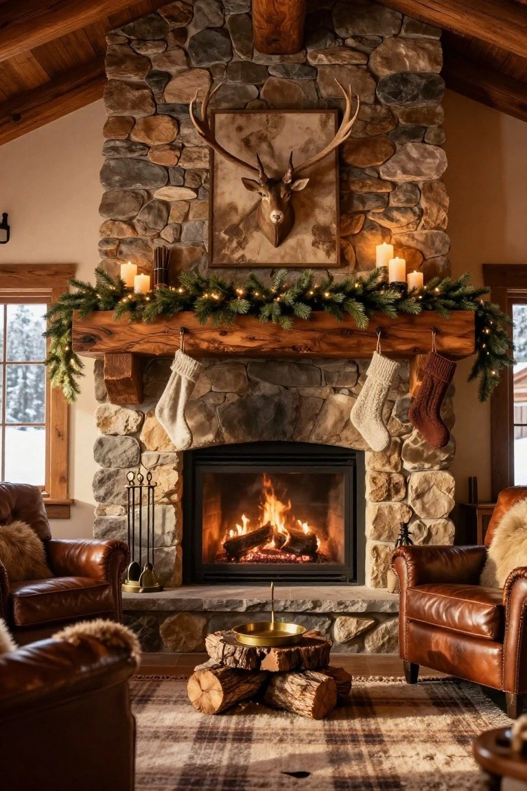 Stone fireplace with rustic wooden beam mantel shelf decorated with evergreen garland, white candles, and knit stockings, in a wood-beamed room with leather chairs and log stools.