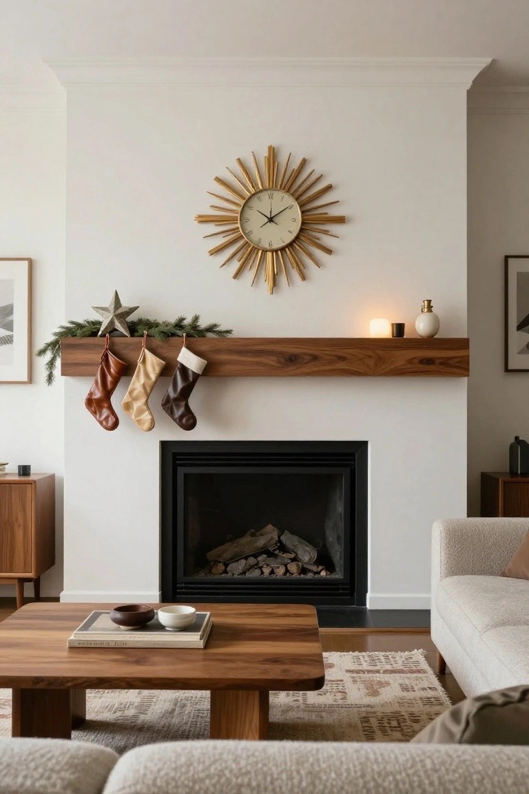 Modern living room with gas fireplace, walnut wood mantel holding three leather Christmas stockings in brown tones, evergreen garland, and silver star, gold sunburst clock on white wall above, wood side tables and beige sofa nearby.