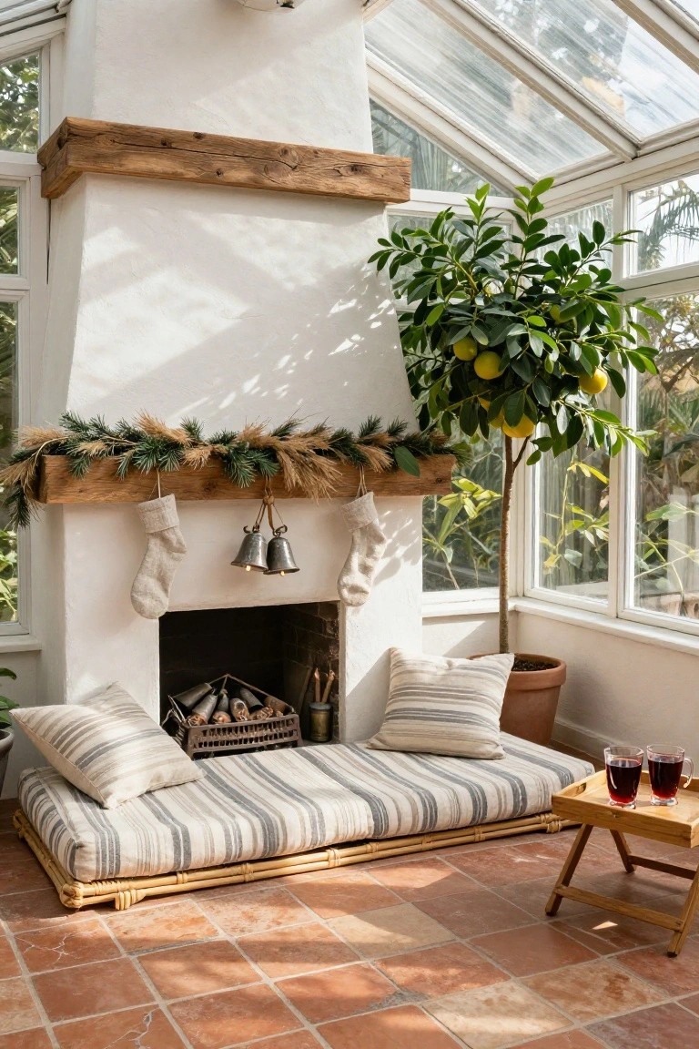 Glass conservatory with white stucco fireplace under rustic wooden beam mantle decorated with pine, wheat garland, beige stockings, and brass bells; potted lemon tree nearby, striped cushions on rattan daybed, wooden tray with red drinks on terracotta floor.