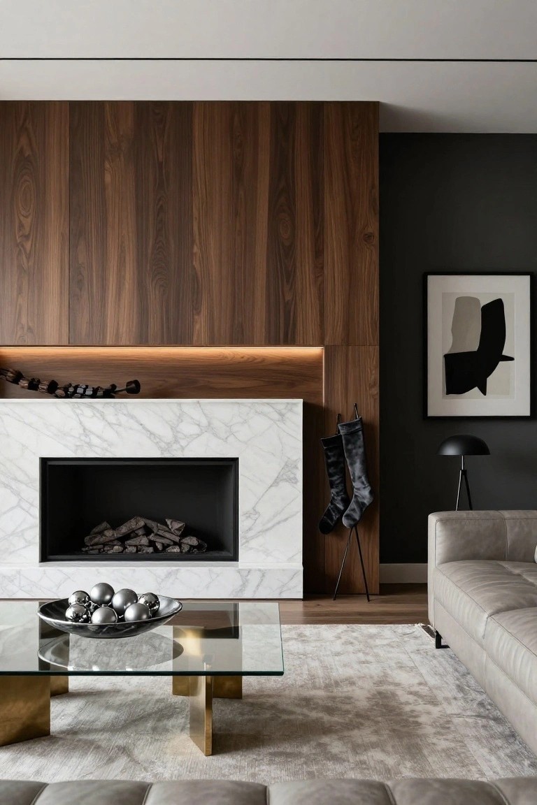 Modern living room with dark wood paneled wall next to white marble fireplace, black velvet Christmas stockings on hooks, lit wood ledge above, glass coffee table holding silver ornaments, gray sofa, and abstract wall art.