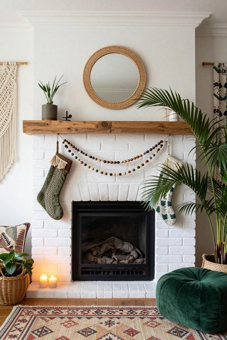 White brick fireplace with rustic wooden beam mantel decorated with beaded garlands, knit and macrame stockings, potted plants, candles, rattan mirror, macrame wall hanging, green velvet pouf, and woven rug in a cozy living room.