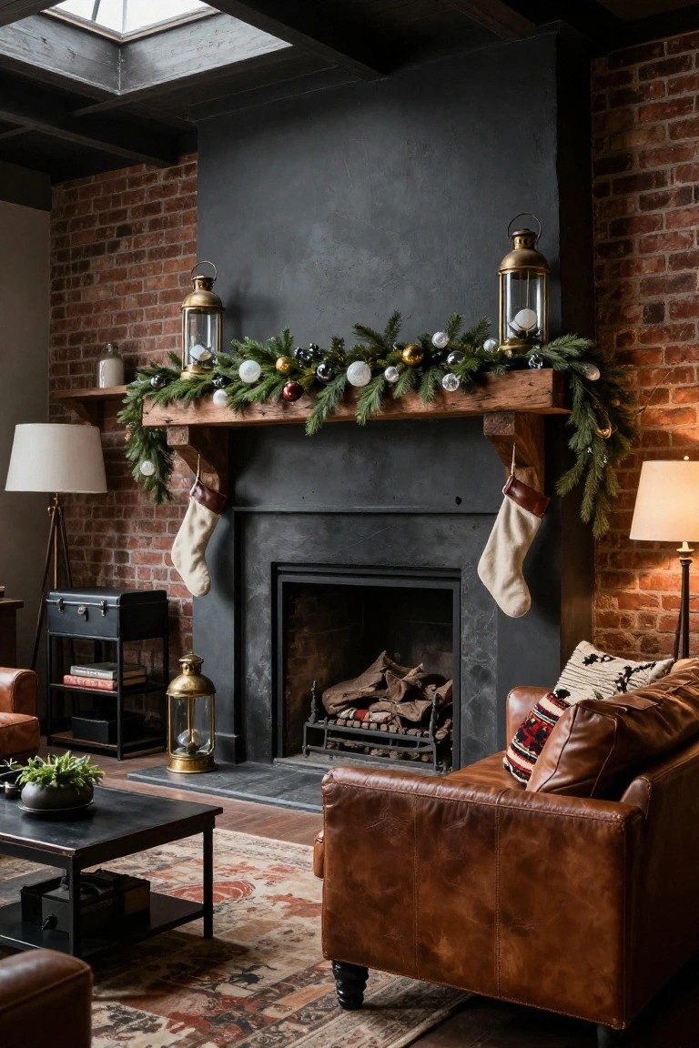 Living room interior with brick walls and a black fireplace topped by a wooden beam mantel decorated with evergreen garland, gold and white ornaments, and cream stockings hanging from it, plus leather chairs, lanterns, and a rug nearby.