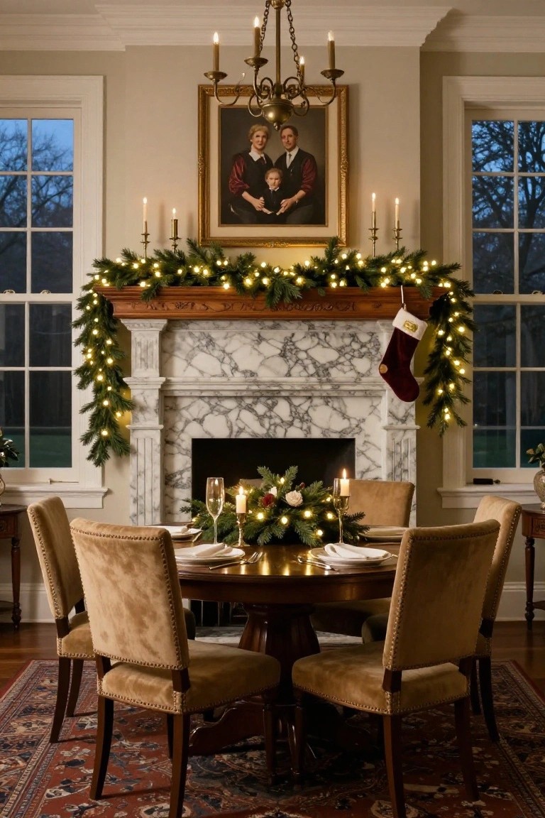Marble fireplace with carved wooden beam mantel decorated by evergreen garland with white lights and a maroon stocking, in a dining room with round wooden table, beige chairs, chandelier, and large portrait painting.