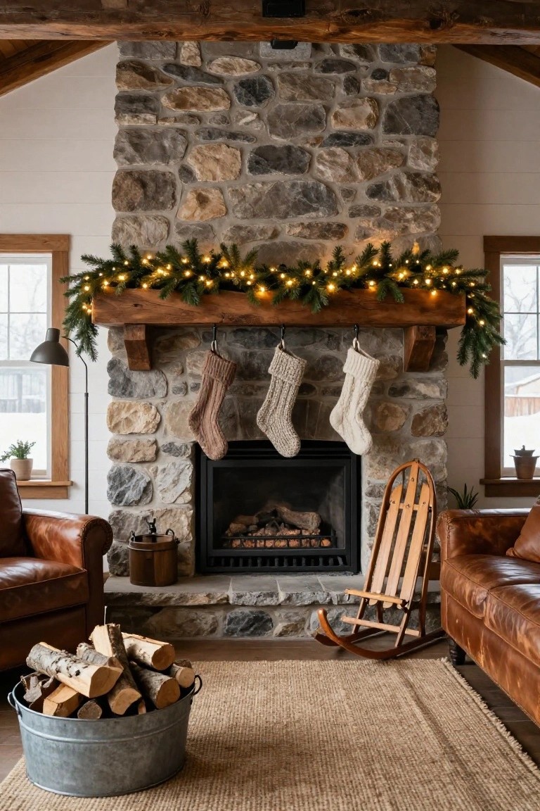 Living room with stone fireplace, wooden beam mantel covered in evergreen garland and string lights, three knit stockings hanging from the mantel, leather armchairs, wooden rocking chair, galvanized bucket of firewood on jute rug, and windows showing snowy view.