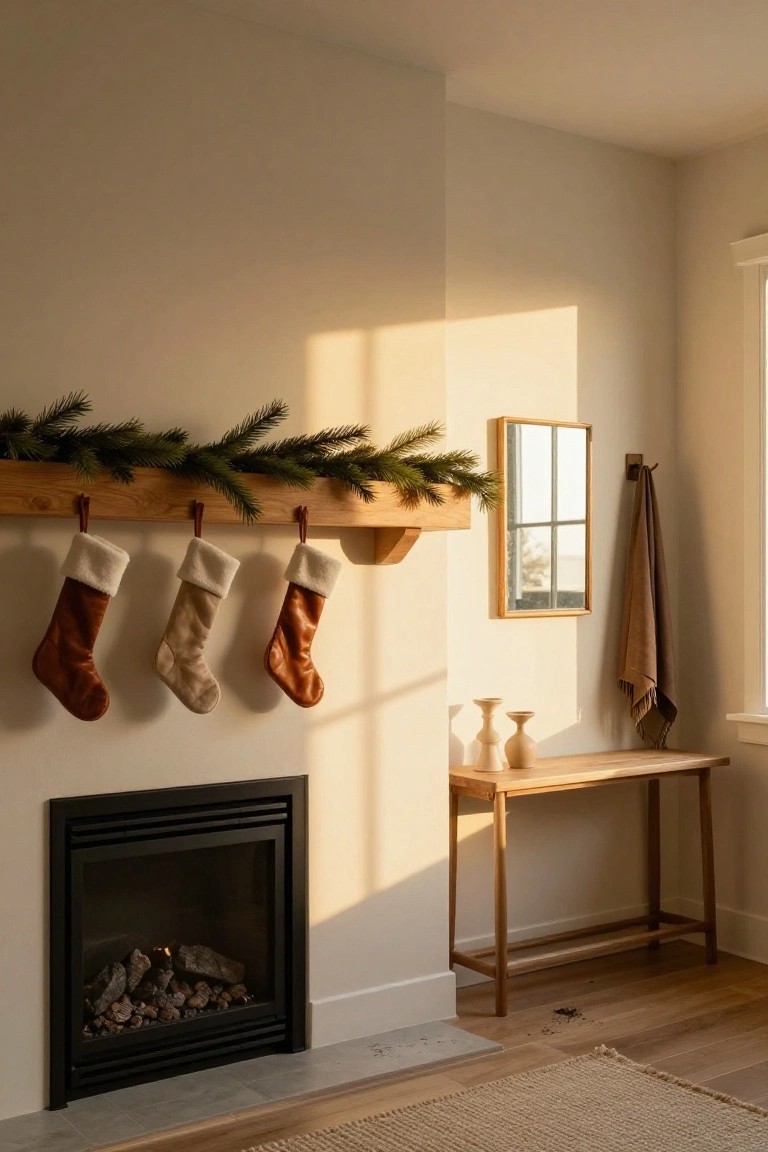 Wooden beam mantel above a gas fireplace holds green pine garland and four Christmas stockings in brown leather, tan fabric, and red tones with white cuffs, in a light beige interior room with a side table, mirror, and towel hook.