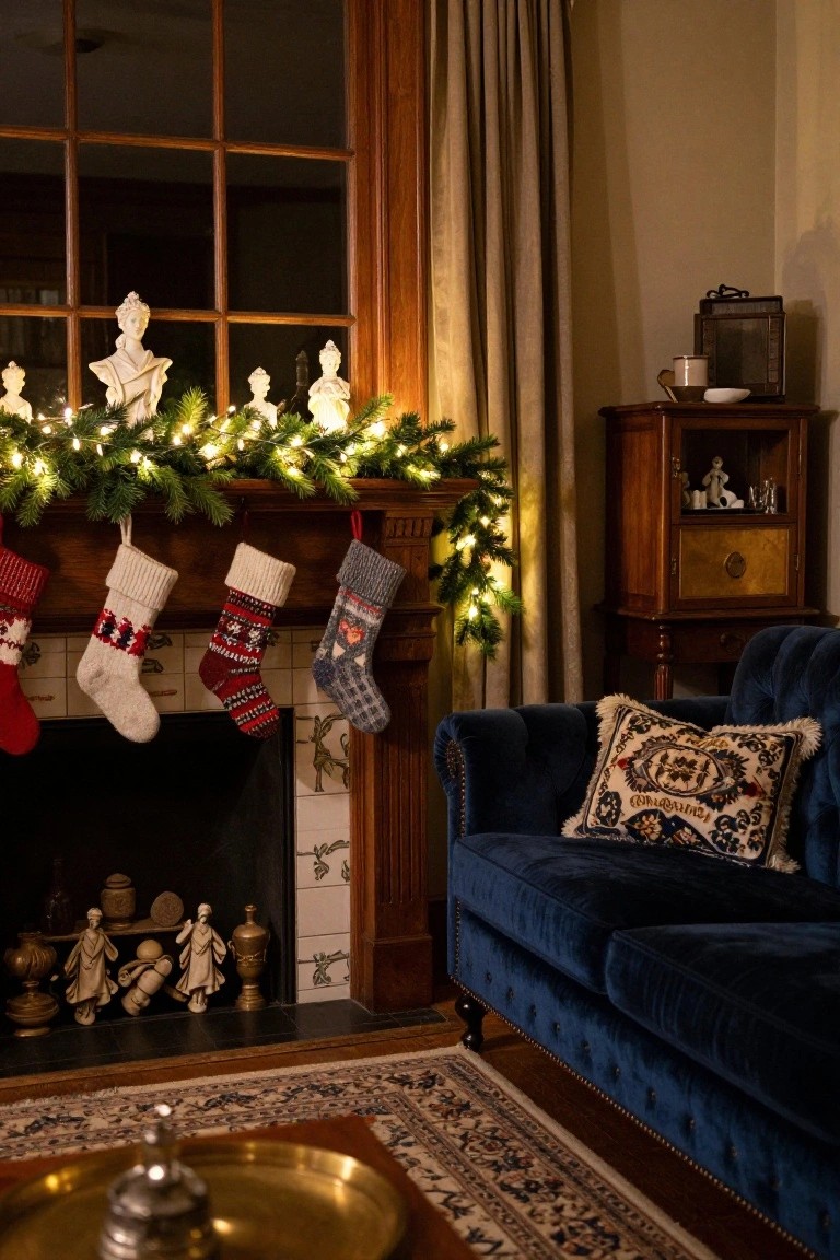 Wooden beam mantel over a tiled fireplace decorated with colorful knit Christmas stockings, evergreen garland with string lights, and small figurines on the hearth in a cozy living room with a blue velvet sofa nearby.