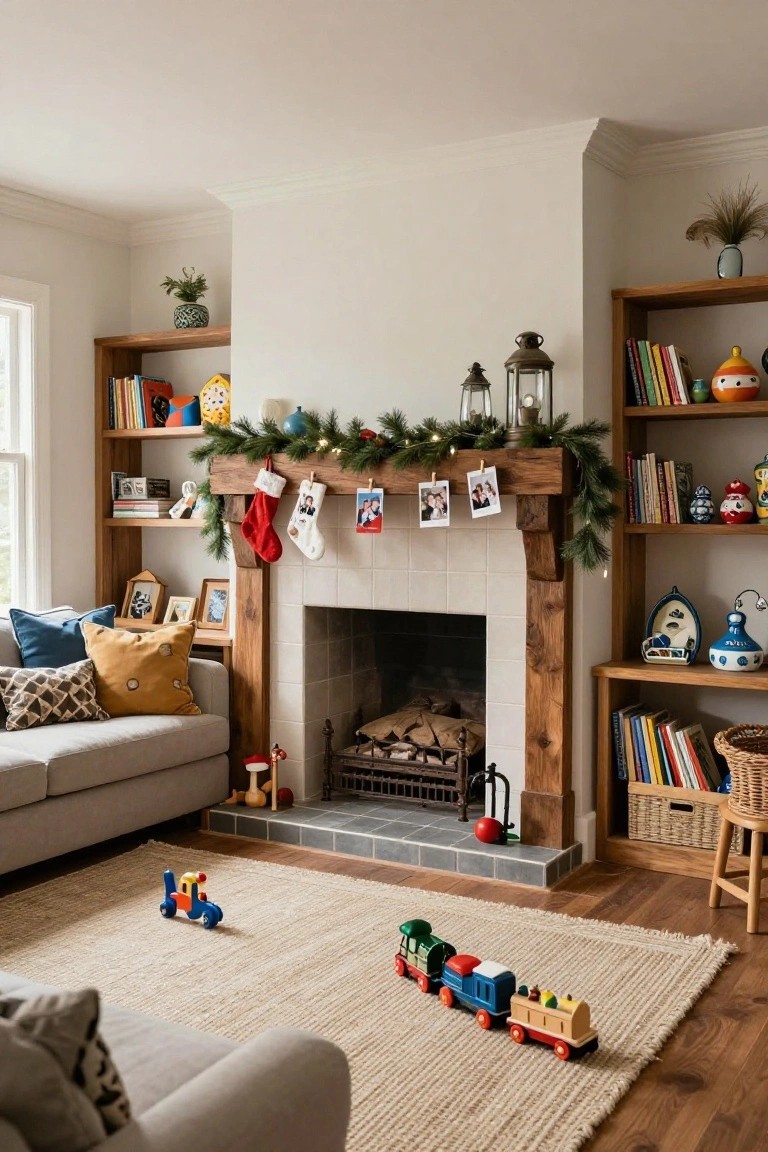 Cozy living room with wooden beam mantel over fireplace decorated with evergreen garland, white stockings, clipped photos, and string lights, flanked by bookshelves and a gray sofa with toys on the rug.