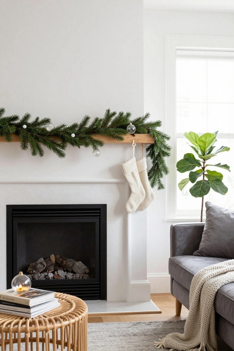 White interior fireplace with oak wood beam mantle shelf decorated with green evergreen garland, white glass ornaments, and two hanging white stockings, beside a gray sofa, rattan table, and fiddle leaf fig plant.