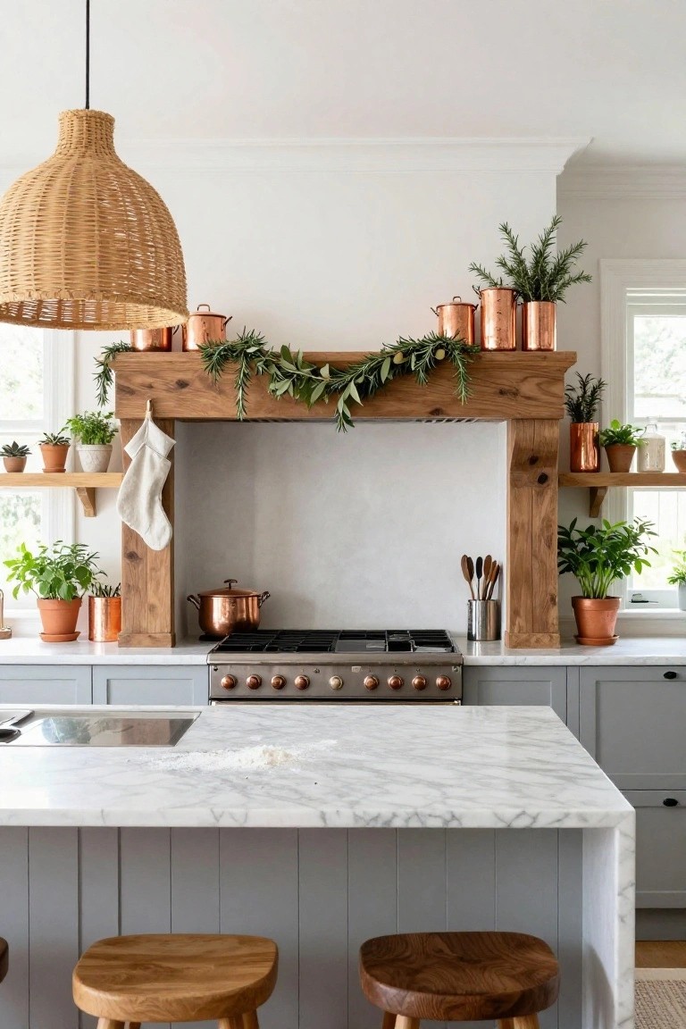 Kitchen with wooden beam range hood decorated by evergreen garland, copper pots filled with rosemary, white Christmas stocking, gray cabinets, white marble island, stainless steel stove, and wooden stools.