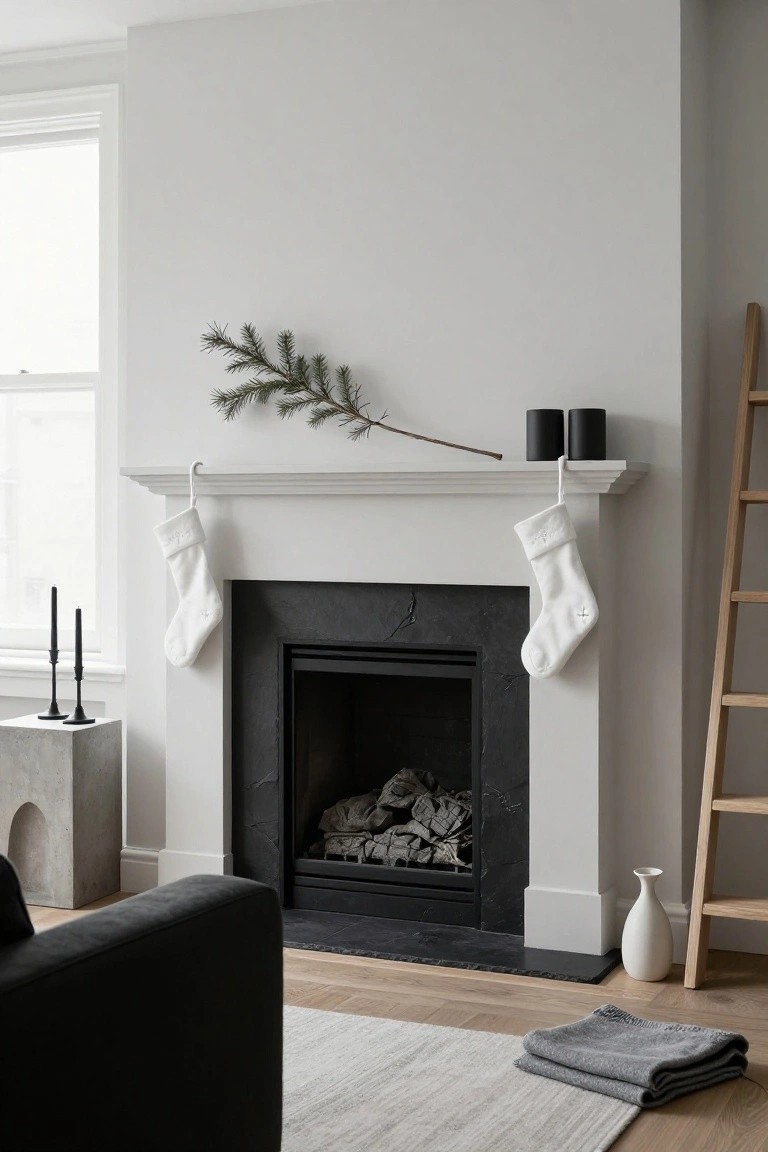 Living room interior with a black stone fireplace, white-painted mantel holding a fir branch and two black candleholders, white Christmas stockings hanging from the mantel hooks, black candlesticks on a concrete pedestal table nearby, a leaning wooden ladder against the wall, gray sofa, beige rug, and gray throw blankets on oak flooring.