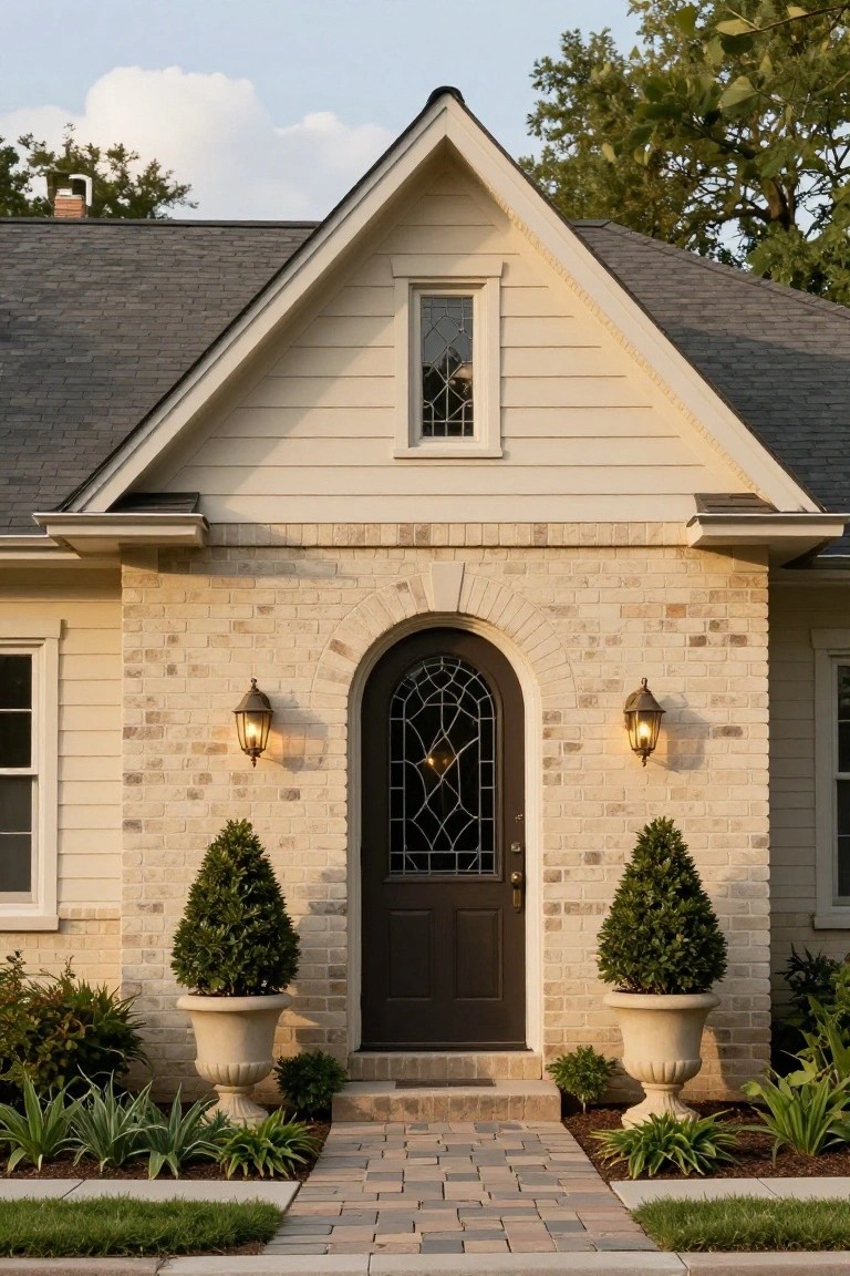 Beige brick and siding house facade featuring a dark arched front door with ironwork glass, flanked by lanterns and topiary shrubs in urns, with a brick pathway leading to the entry.