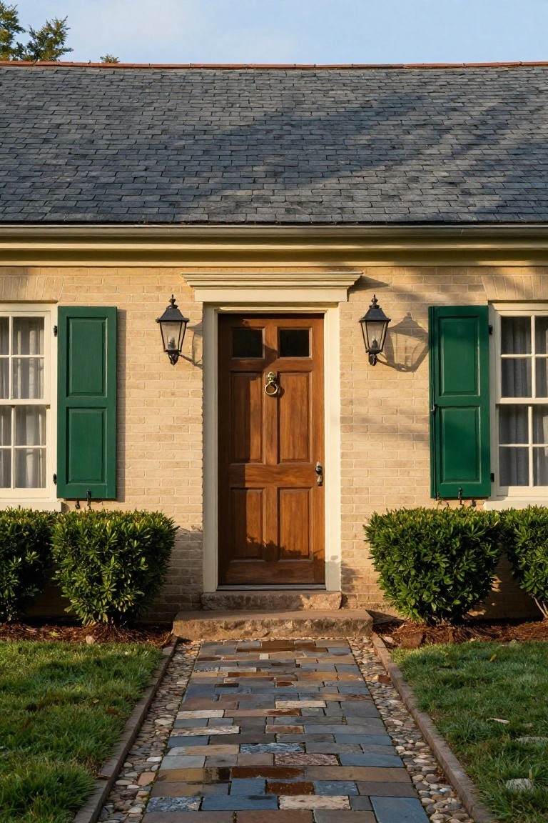 Beige brick single-story house exterior featuring a centered wooden front door with brass knocker, flanked by green shuttered windows, lanterns on each side, boxwood shrubs, and a multicolored stone pathway leading to the entrance.