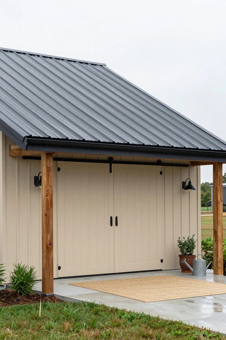 Beige board-and-batten siding on a small garage with dark gray corrugated metal roof, wooden support posts, open overhang, double beige doors, black wall lanterns, potted plants, watering can, seagrass mat on concrete pad, grass and mulch edging.