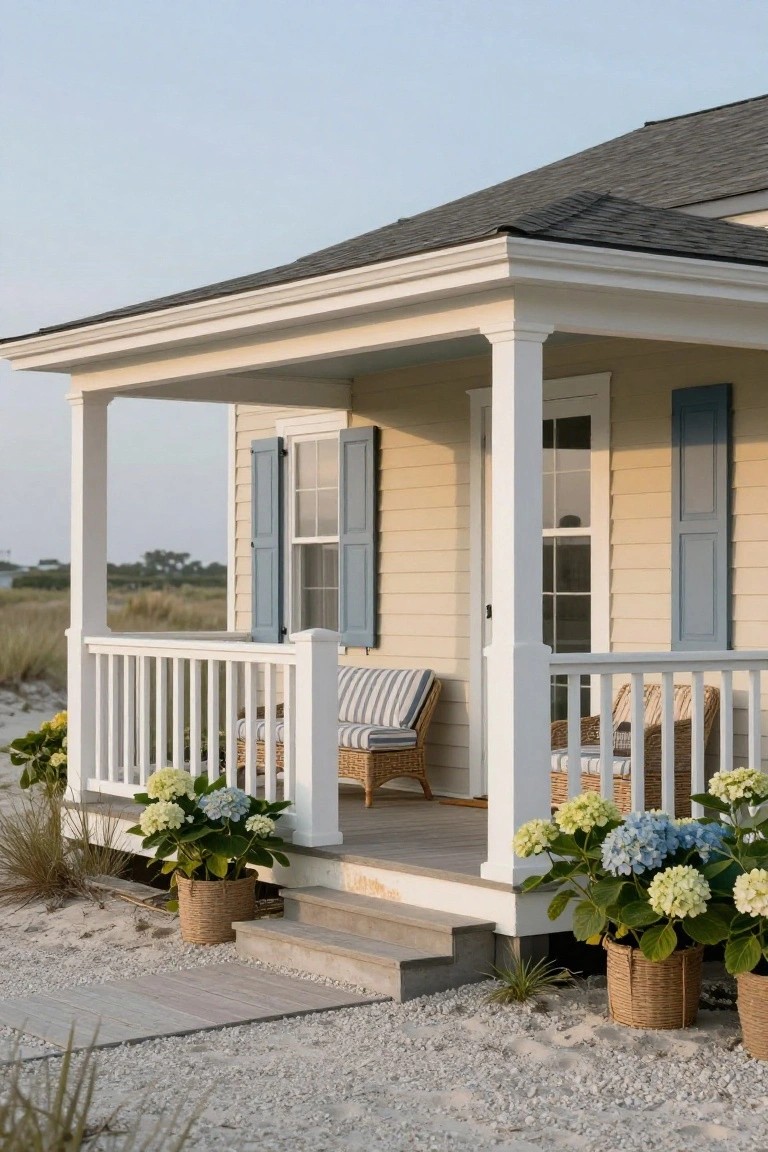 Beige clapboard house exterior with white porch columns and railings, blue shutters on windows, wicker chairs and cushions on the porch, potted hydrangeas, and a sandy path leading to wooden steps.