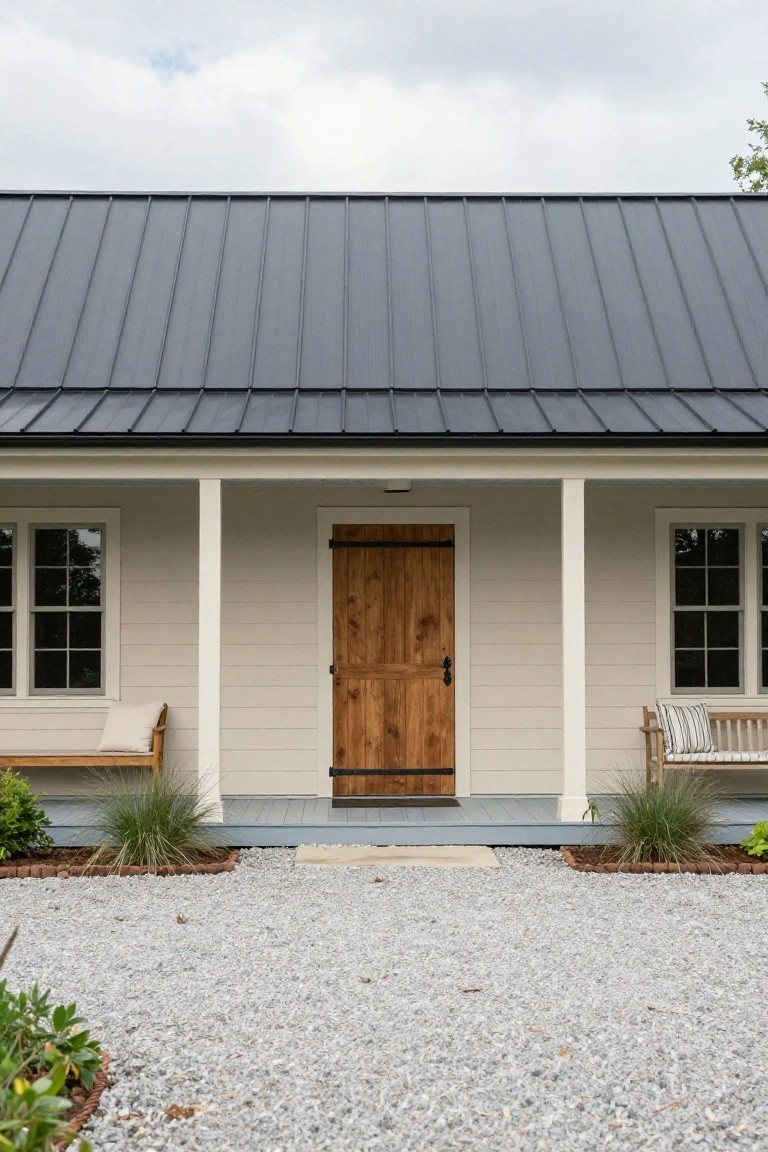 Front view of a beige house with dark gray standing seam metal roof, wooden barn door, covered porch supported by columns, benches on each side, gravel yard, and low plants.