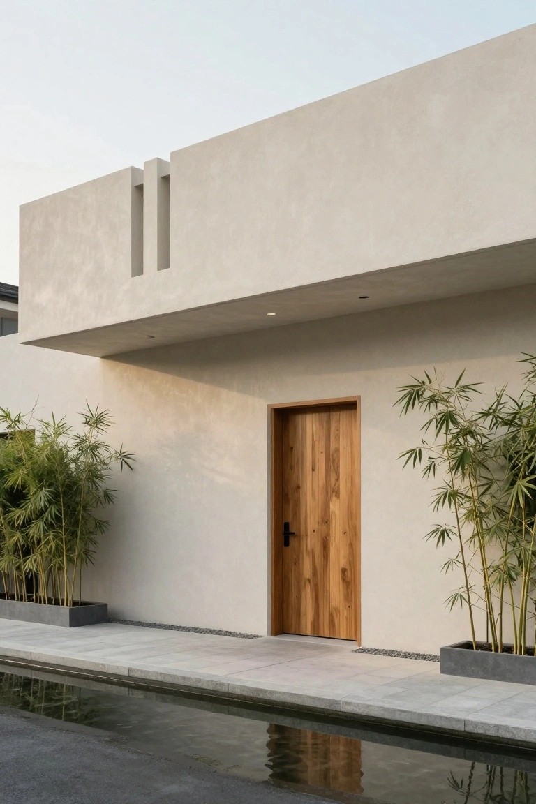 Beige stucco house exterior featuring a recessed wooden front door flanked by potted bamboo plants, a stone walkway, and a narrow reflecting pool along the base.