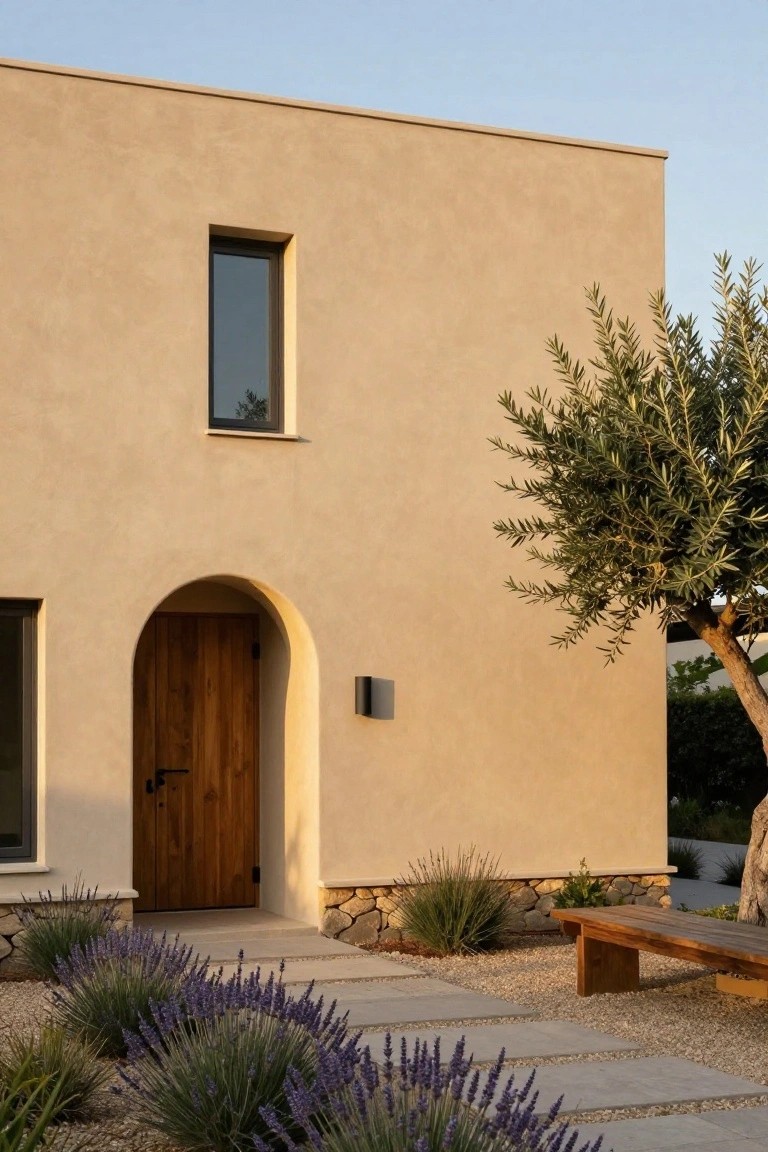 Beige stucco house exterior with dark wooden arched entry door, small window above, lavender plants and gravel path leading to it, olive tree nearby, and wooden bench on stone base.