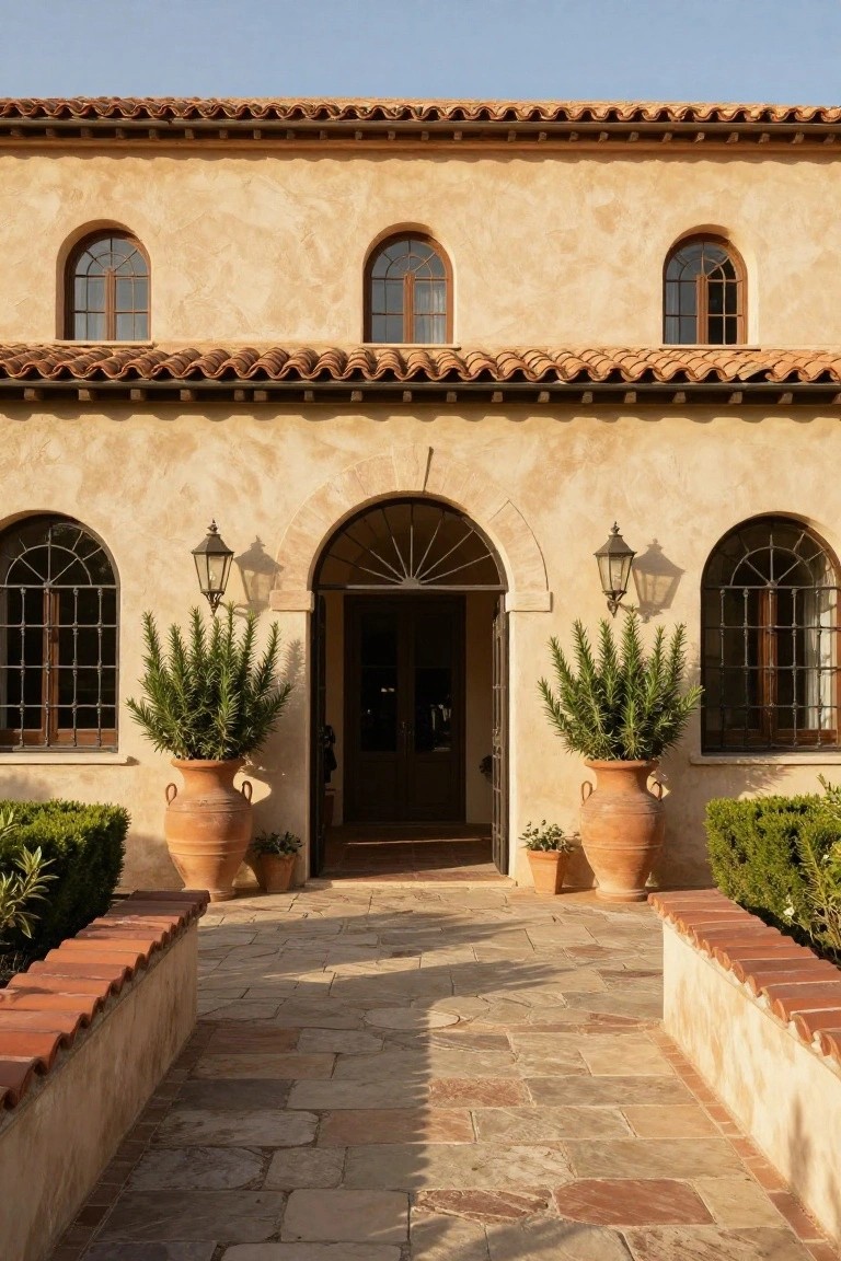 Beige stucco house exterior with terracotta tile roof, three arched windows, arched entry door flanked by wrought iron lanterns and large terracotta pots of rosemary plants, stone pathway, and low brick walls with boxwood hedges.