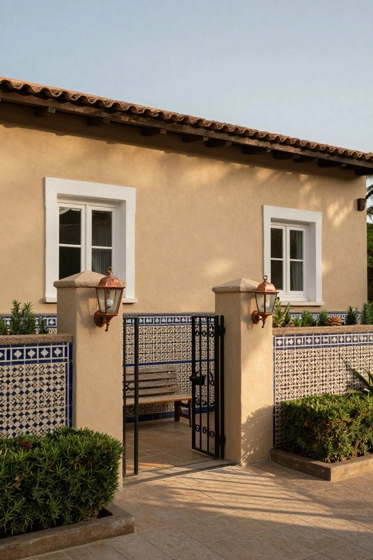 Beige stucco house wall with white-framed windows, a black wrought iron gate flanked by stone pillars covered in blue and white geometric tile, copper lanterns, potted plants, and a wooden bench inside the gate on a tiled patio.