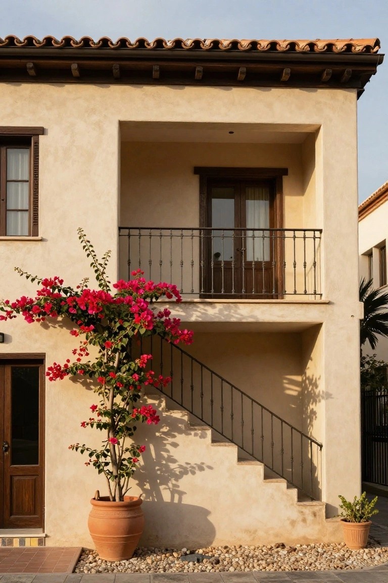 Beige stucco two-story house exterior with red terracotta tile roof, wooden doors and window frames, wrought-iron balcony and stairs, large potted bougainvillea with pink flowers beside the entry, pebble ground cover, and potted plant nearby.