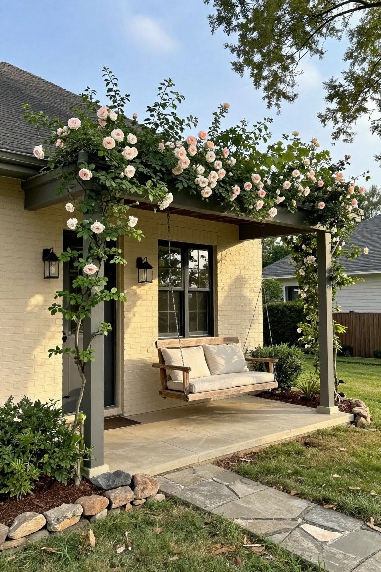 Beige brick house exterior with dark window frames and front door, pink climbing roses covering porch posts and overhead beams, wooden porch swing, stone edging and plants in the yard.
