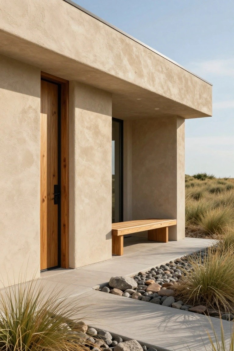 Beige stucco house exterior featuring a wooden front door, black-framed window, wooden bench under an overhang, concrete path edged with rocks and dune grasses in a desert setting.