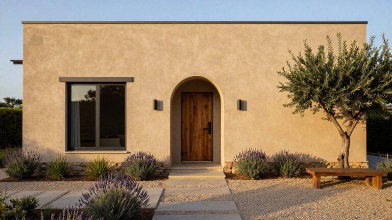Beige stucco house exterior with dark wooden arched entry door, small window above, lavender plants and gravel path leading to it, olive tree nearby, and wooden bench on stone base.