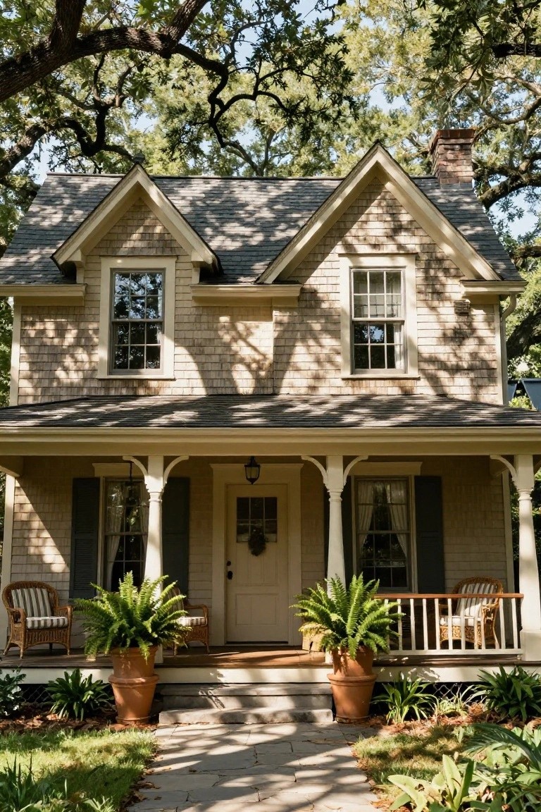 Two-story beige shingle house with gabled roof, front porch supported by white columns, potted ferns on porch, large terracotta planters, stone path, and oak trees overhead.