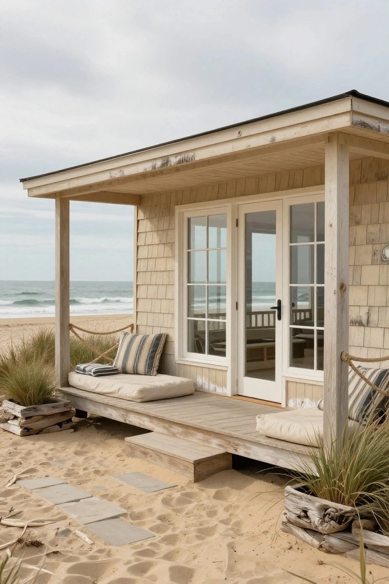 Small beige shingled beach cabin with covered porch, built-in bench cushions, rope details, beach grass planters, and ocean view on sandy shore.