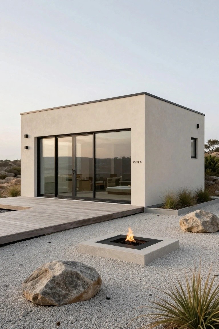 Small beige stucco modern house with black-framed sliding glass doors on a wooden deck, concrete fire pit, large rocks, gravel ground, and desert grasses in a rocky landscape.