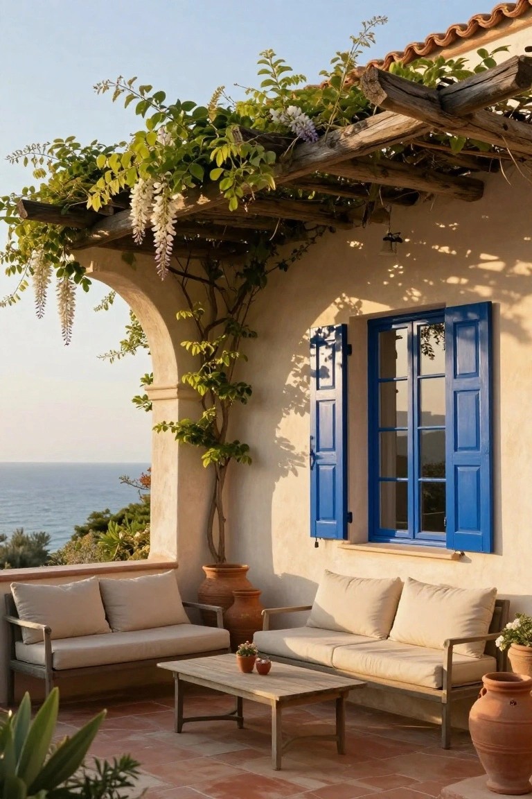Beige stucco exterior wall with blue shutters on a window, vine-covered wooden pergola archway, beige outdoor sofas and low table with plants on terracotta tiled terrace overlooking ocean.
