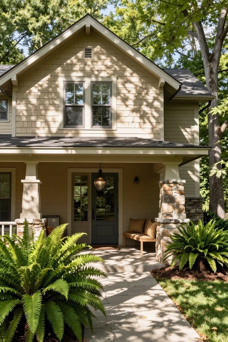 A two-story house with beige shingle siding, a covered front porch supported by stone pillars, a dark wood front door, potted ferns, and surrounding trees and landscaping.