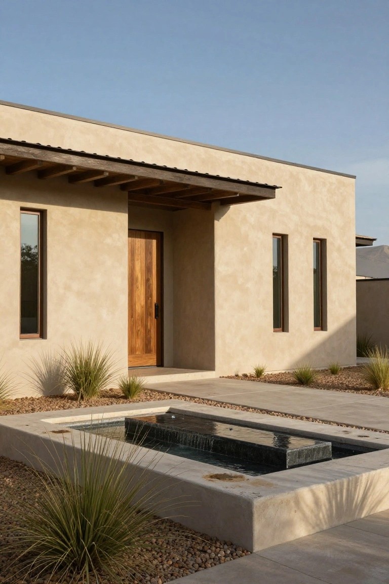 Beige stucco house exterior featuring a wooden front door under exposed beams, narrow windows, a small rectangular reflecting pool with water, gravel ground cover, and desert grasses in the foreground.