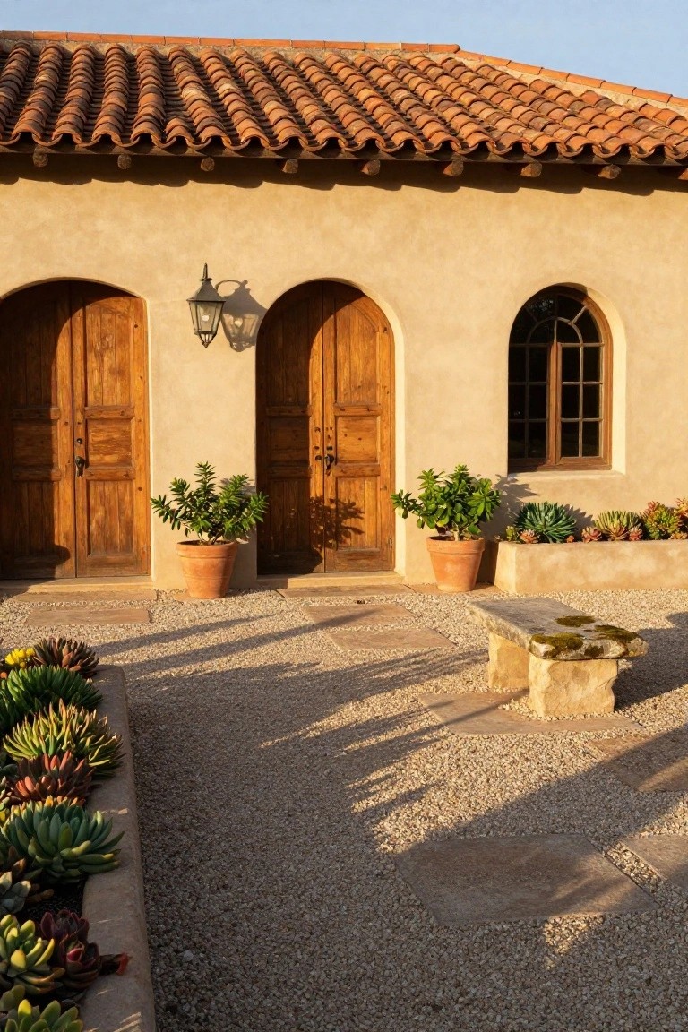 Beige stucco house facade with curved red terracotta tile roof, paired arched wooden doors, wall lantern, potted plants by entry, succulent border bed, gravel path, and mossy stone bench.