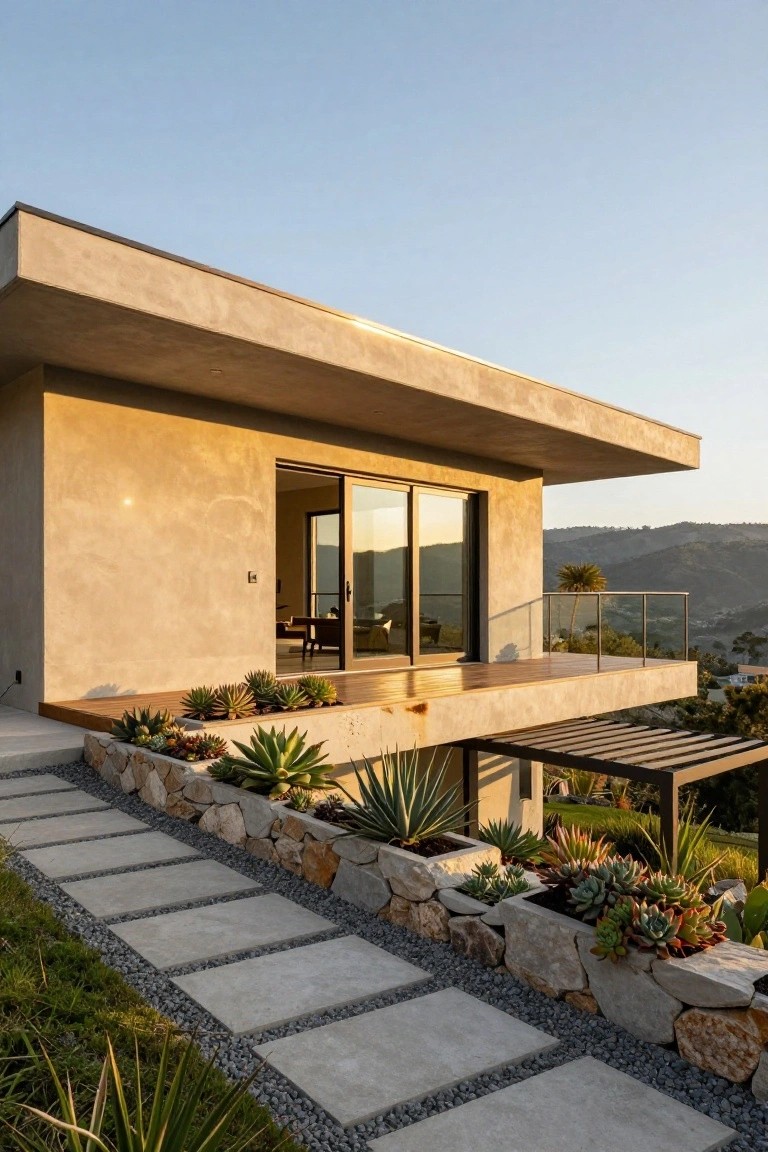 Modern house exterior featuring textured warm beige stucco walls, cantilevered roofline, glass sliding doors opening to a wooden balcony deck, stone retaining wall with agave and succulent plantings, concrete paver steps, and hillside views in the background.
