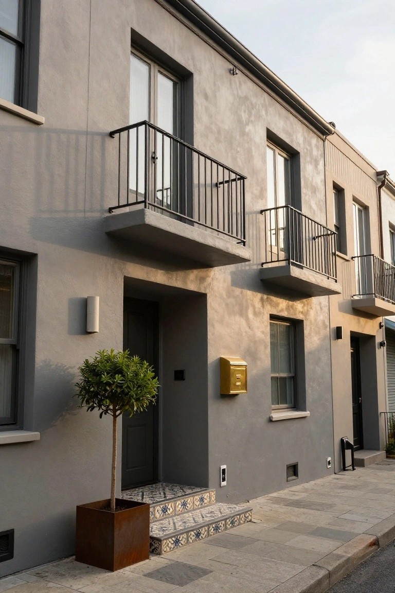 Gray stucco terraced houses with black metal balconies, a front door accessed by tiled steps, a potted olive tree in a rust-colored planter, yellow mailbox, and sidewalk in front.
